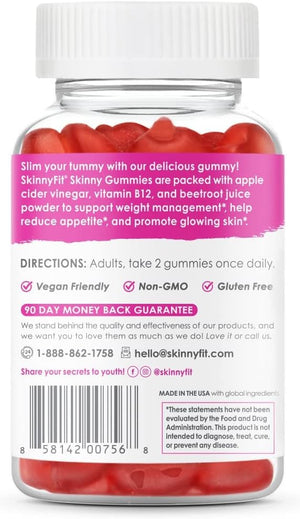 SkinnyFit Skinny Gummies Apple Cider Vinegar Gummies w/ The Mother, Healthy Weight, Immune Support, Vitamin B9, B12, Beetroot, Pomegranate, Vegan-Friendly, 60 Count